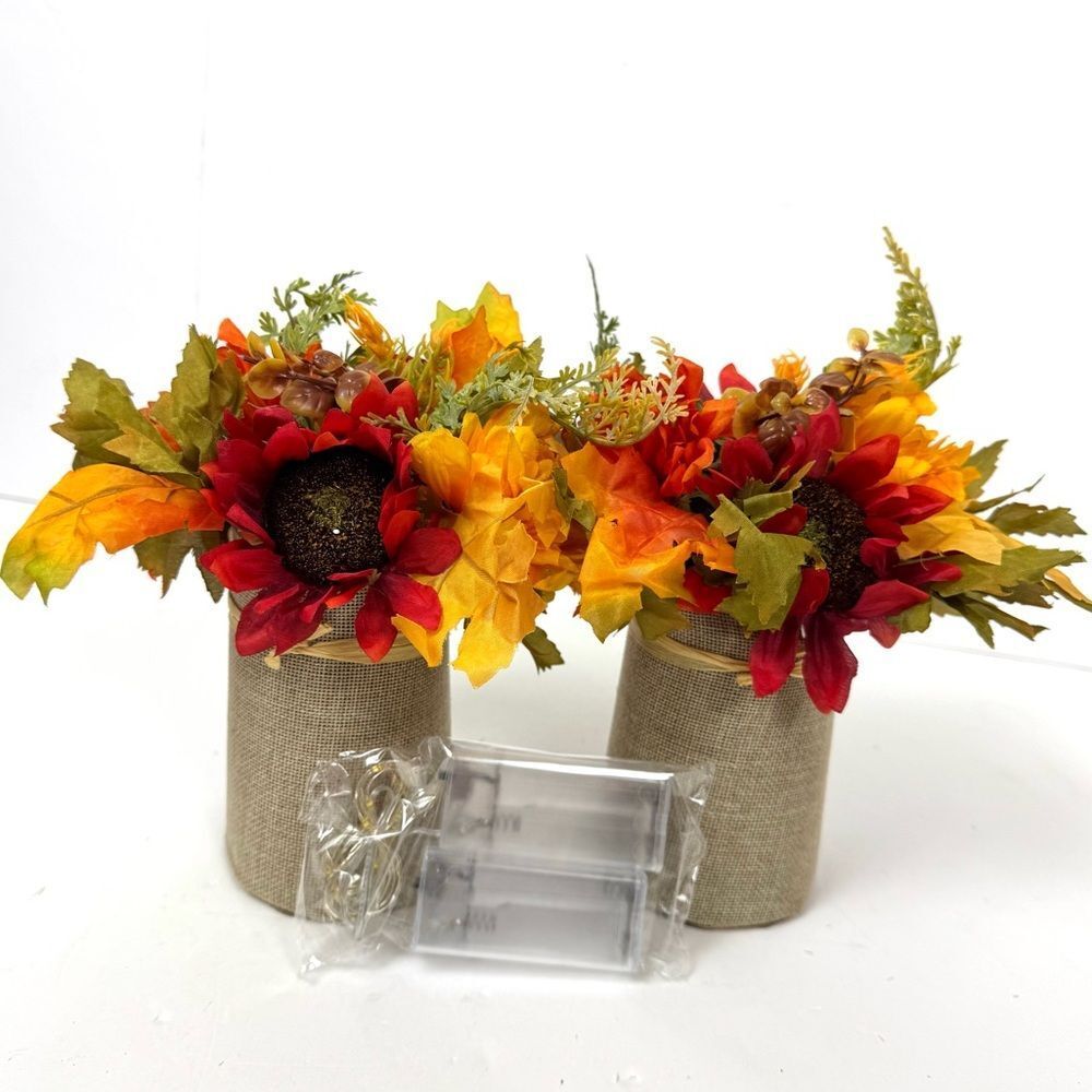 Set Of 2 Faux Fall Flowers In Burlap Container With 20 LED Lights